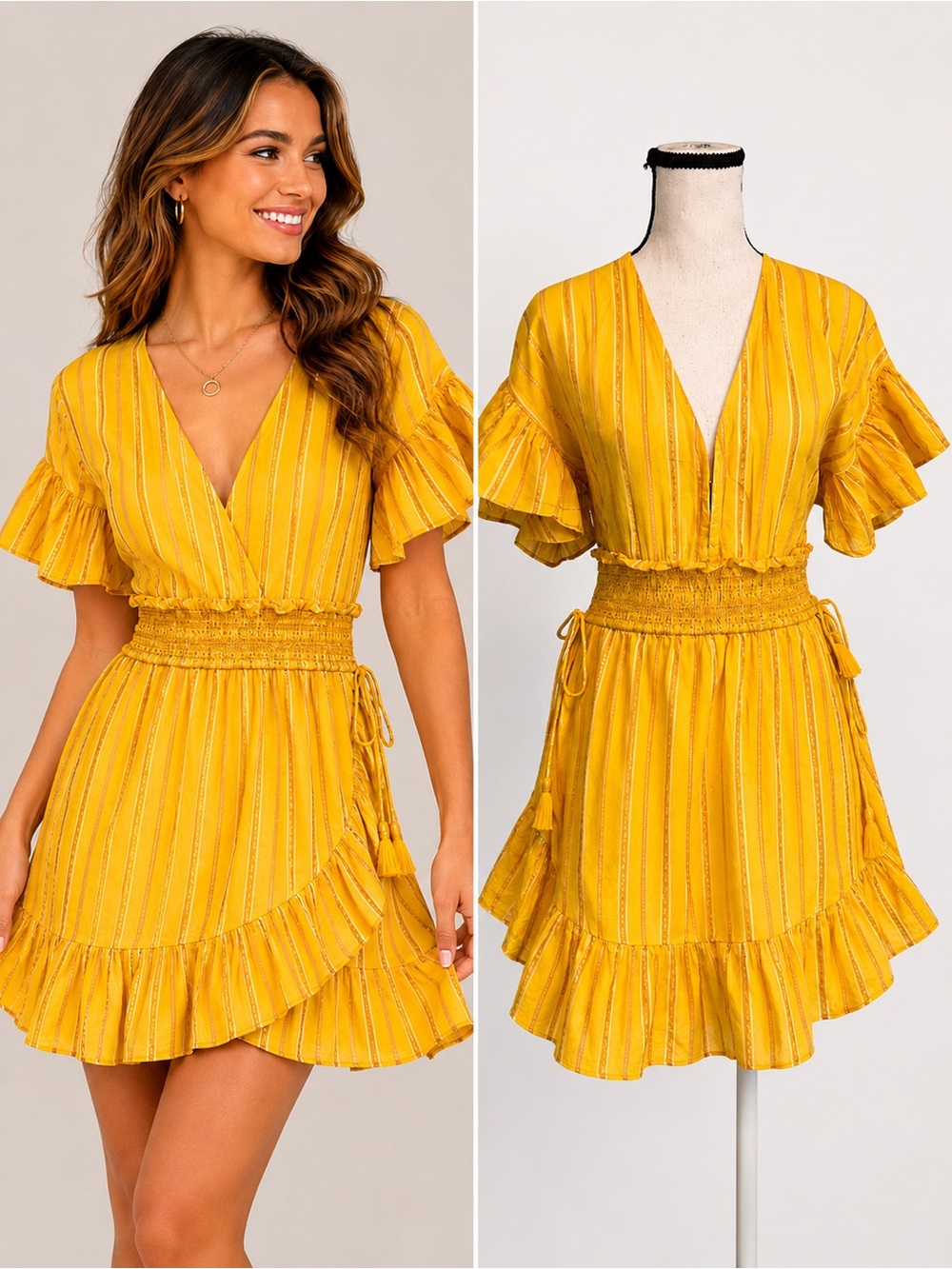 Saylor Yellow Metallic Stripe Ruffle Mini Dress Size Medium Boho Cocktail Party